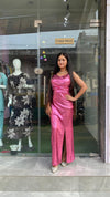 Glamorous Metallic PINK Bodycon Gown with Front Slit