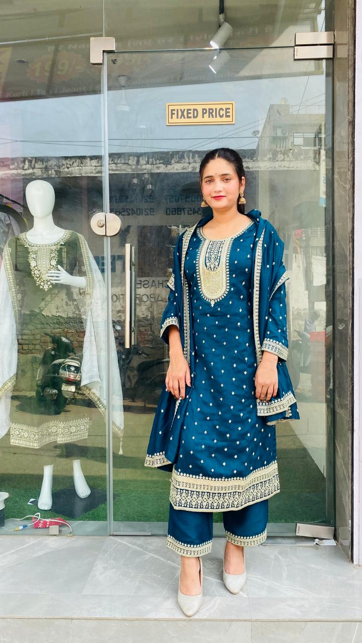 Elegant Teal Blue Embroidered Salwar Suit Set with Matching Dupatta