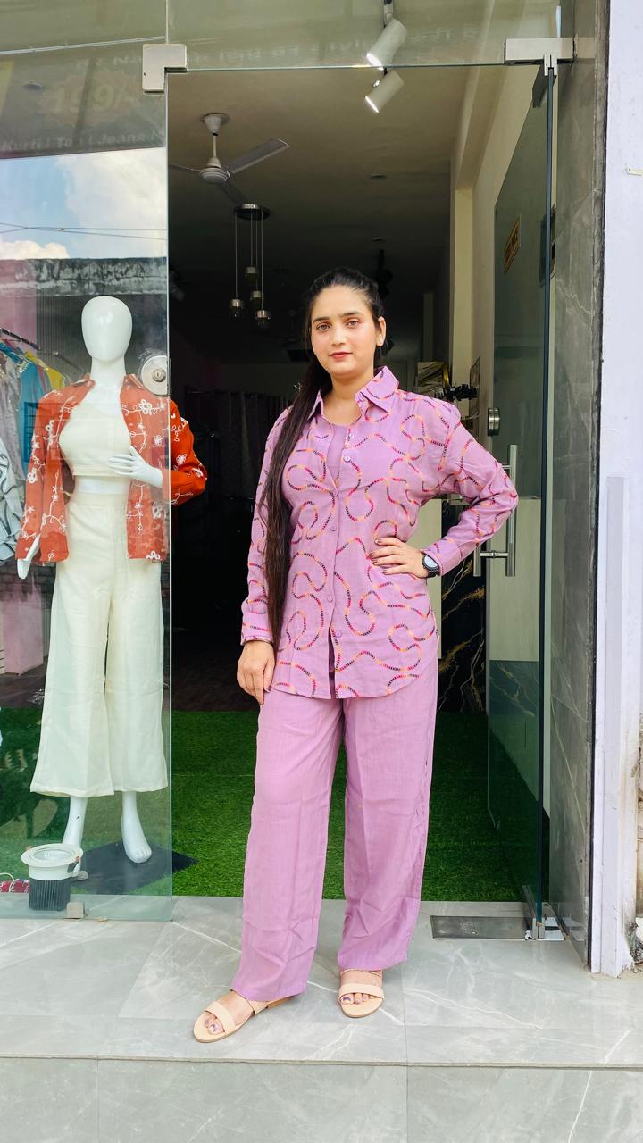Stylish Lavender Shirt-Style Co-ord Set with Vibrant Thread Embroidery
