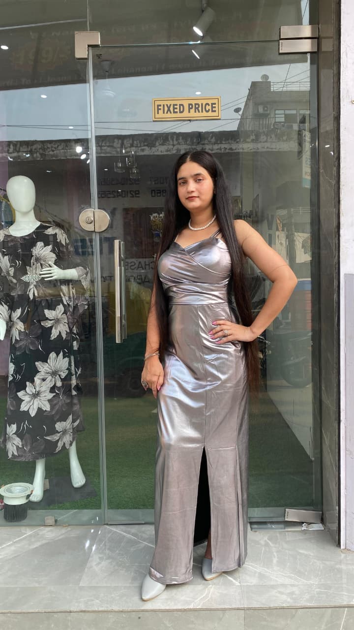 Glamorous Metallic Silver Bodycon Gown with Front Slit