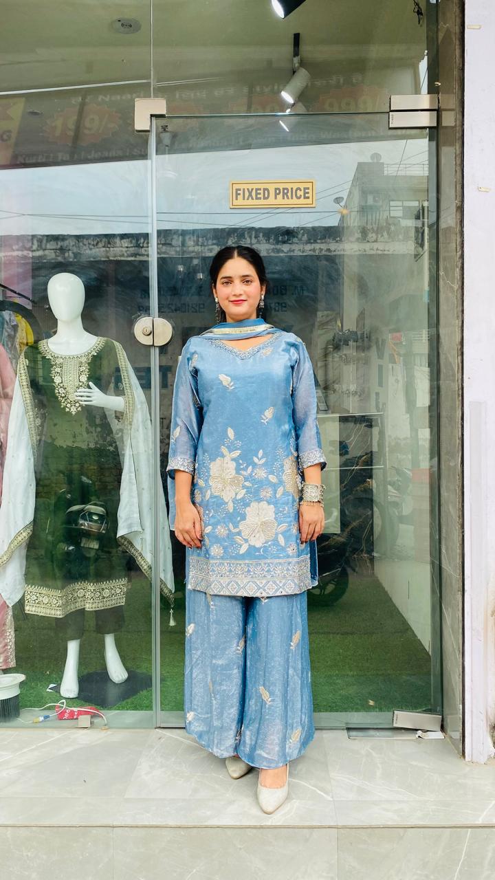 Sky Blue Floral Embroidered Palazzo Suit Set