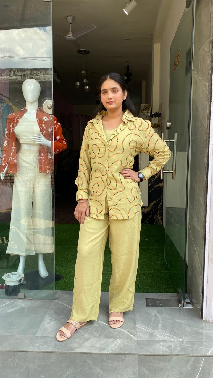 Vibrant Lime Yellow Shirt-Style Co-ord Set with Artistic Thread Embroidery