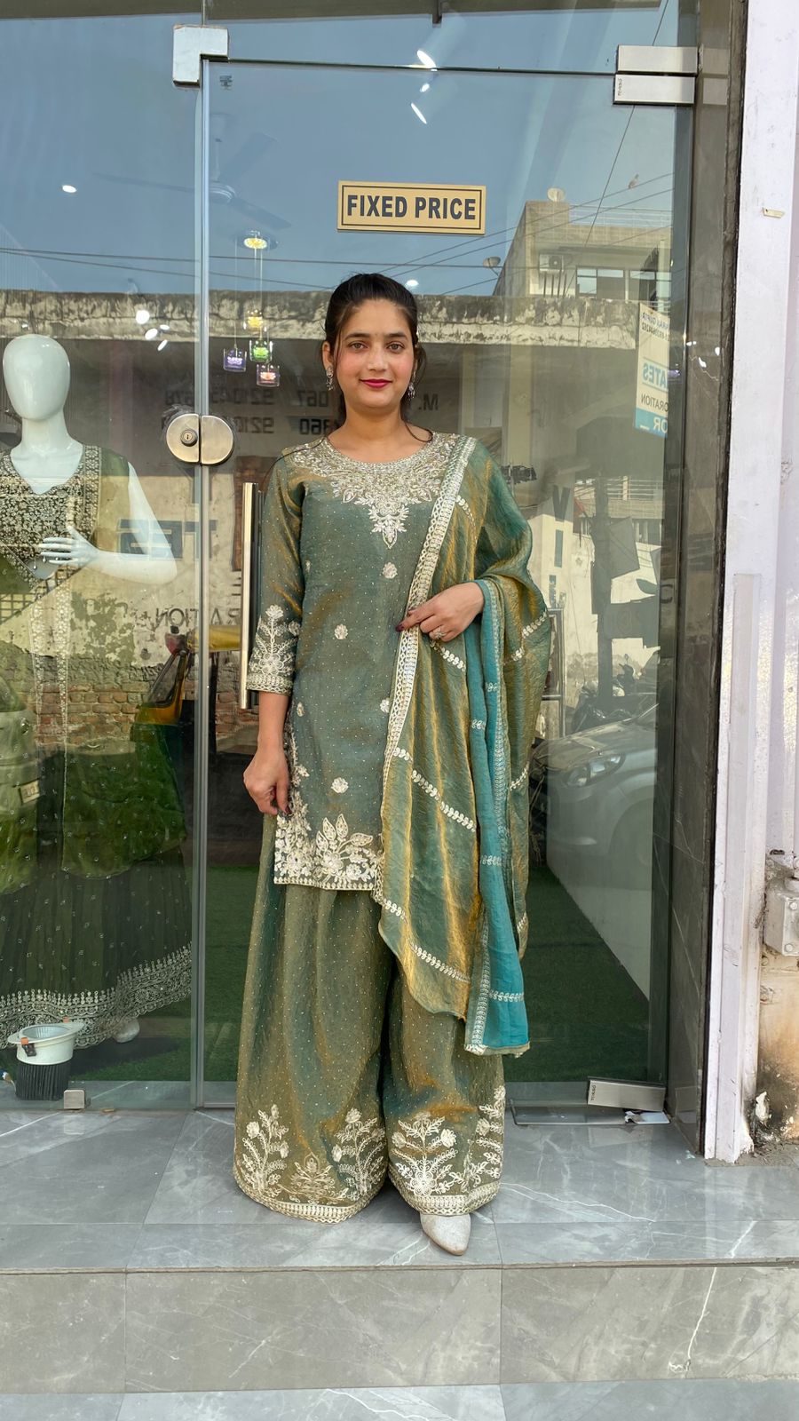 Exquisite Sage Green Sharara Suit with Heavy Silver Zari Embroidery