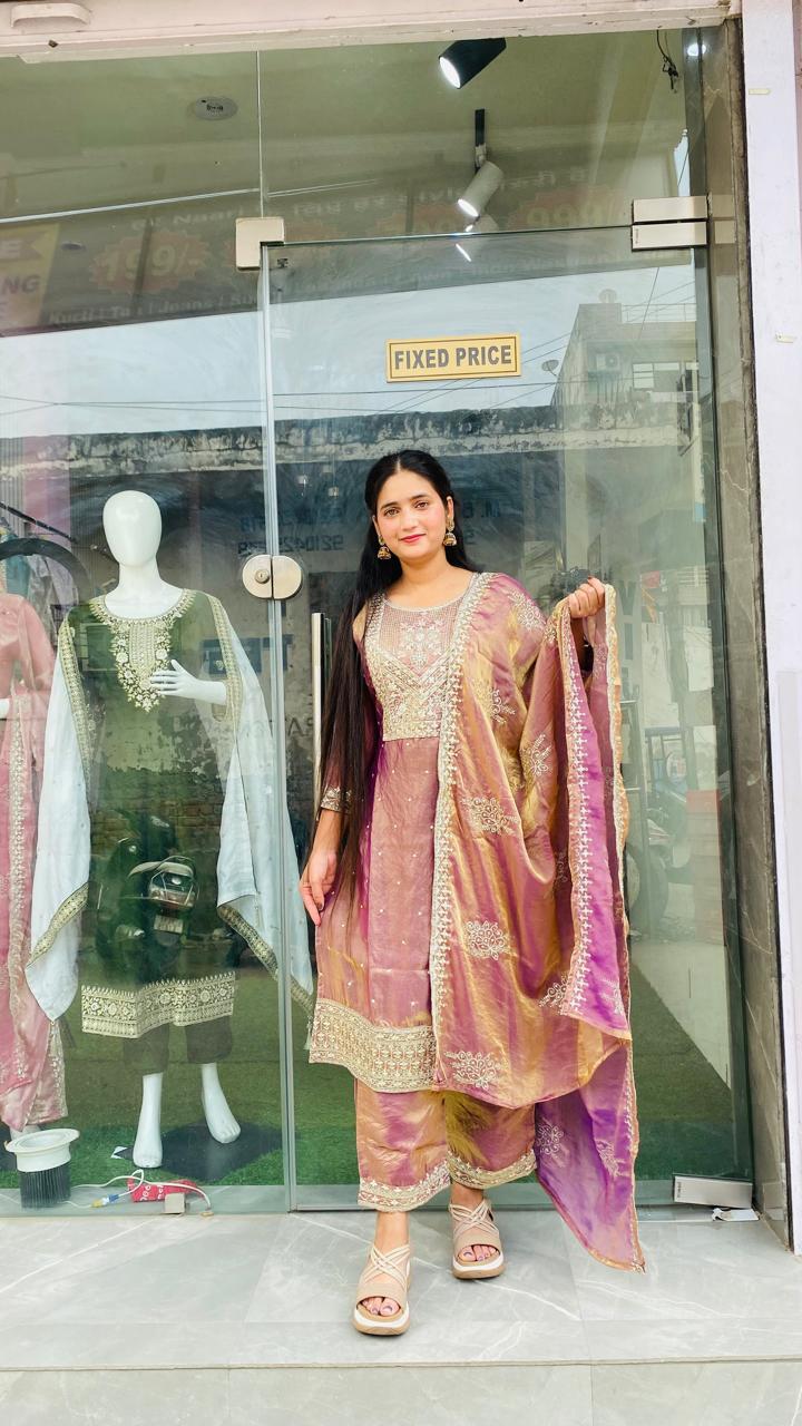 Exquisite Mauve and Gold Tissue Silk Salwar Suit with Heavy Zari Embroidery