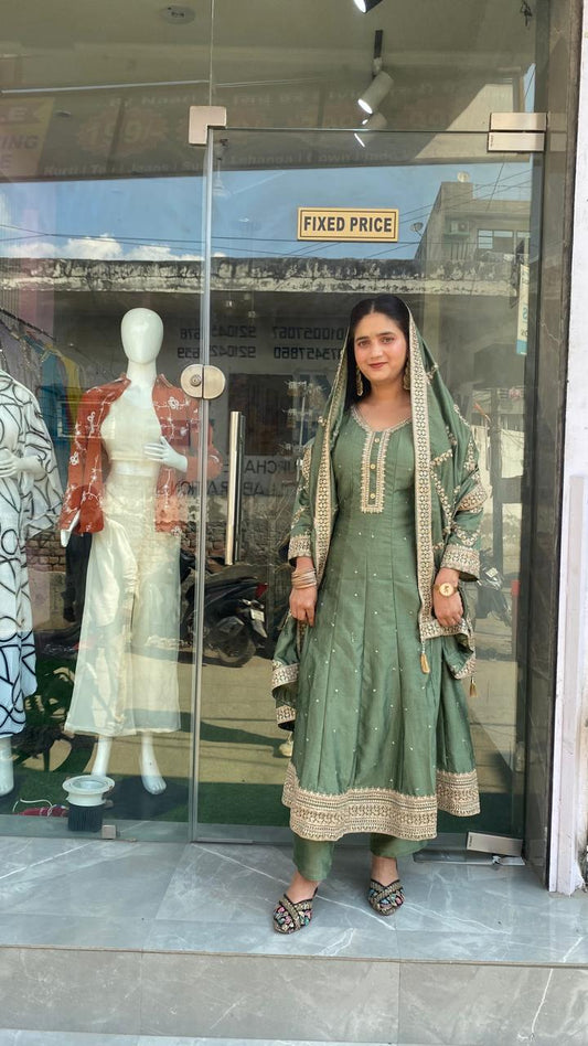 Elegant Sage Green Silk Anarkali Suit Set with Ornate Zari Embroidery
