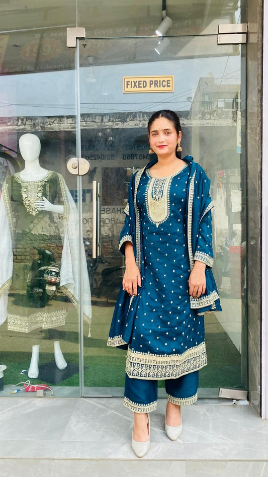 Elegant Teal Blue Embroidered Salwar Suit Set with Matching Dupatta