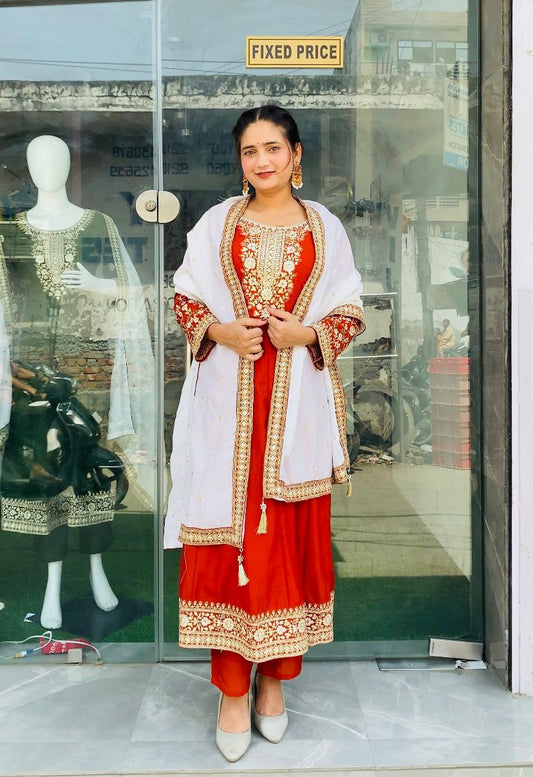 Elegant RUST/ORANGE TOUCH Embroidered Anarkali Suit Set with White Embellished Dupatta