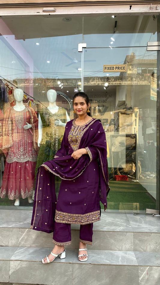 Royal Deep Purple Embroidered Silk Suit Set with Matching Dupatta