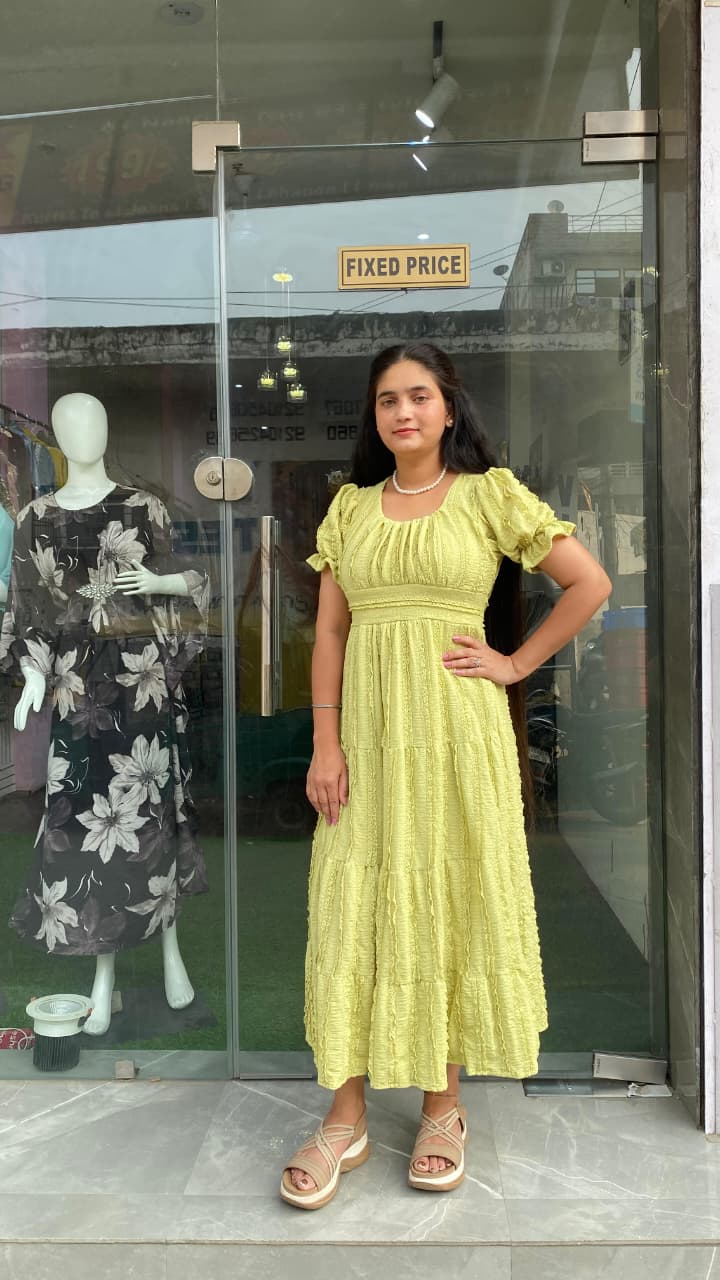 Refreshing Lime Green Tiered Midi Dress with Textured Seersucker Fabric