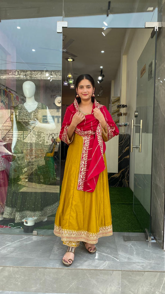 Elegant Mustard Yellow Anarkali Suit Set with Contrast Red Embroidered Dupatta