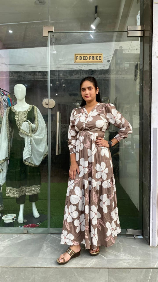 Chic Coffee Brown Floral Print Maxi Dress with Tiered Flare