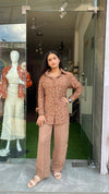 Modern Earthy Brown Shirt-Style Co-ord Set with Multi-Color Thread Embroidery