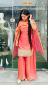Pink Roman Glass Palazzo Suit with Embroidered Kurti Premium Roman Glass Party Wear Suit with Organza Dupatta