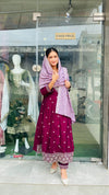 Premium Wine Frock Style Suit with Contrast Lilac Dupatta and Embroidered Pants