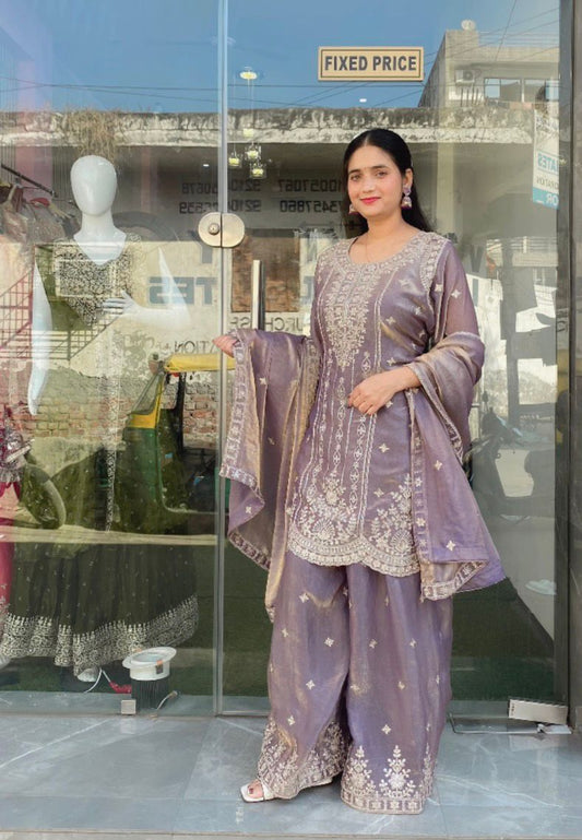 Elegant Lavender Silk Sharara Set with Intricate Floral Embroidery