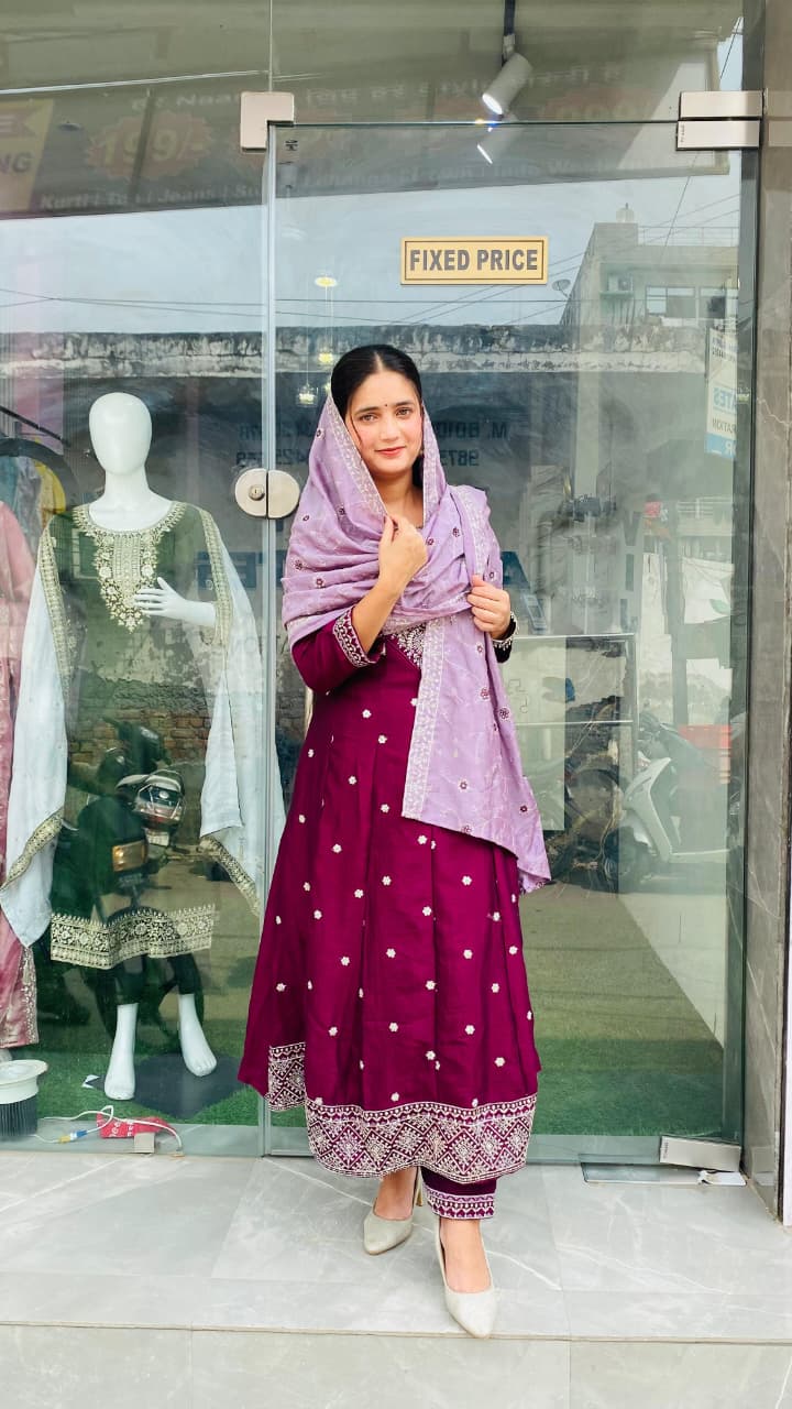 Elegant Wine Purple Embroidered Anarkali Suit with Lavender Sequined Dupatta