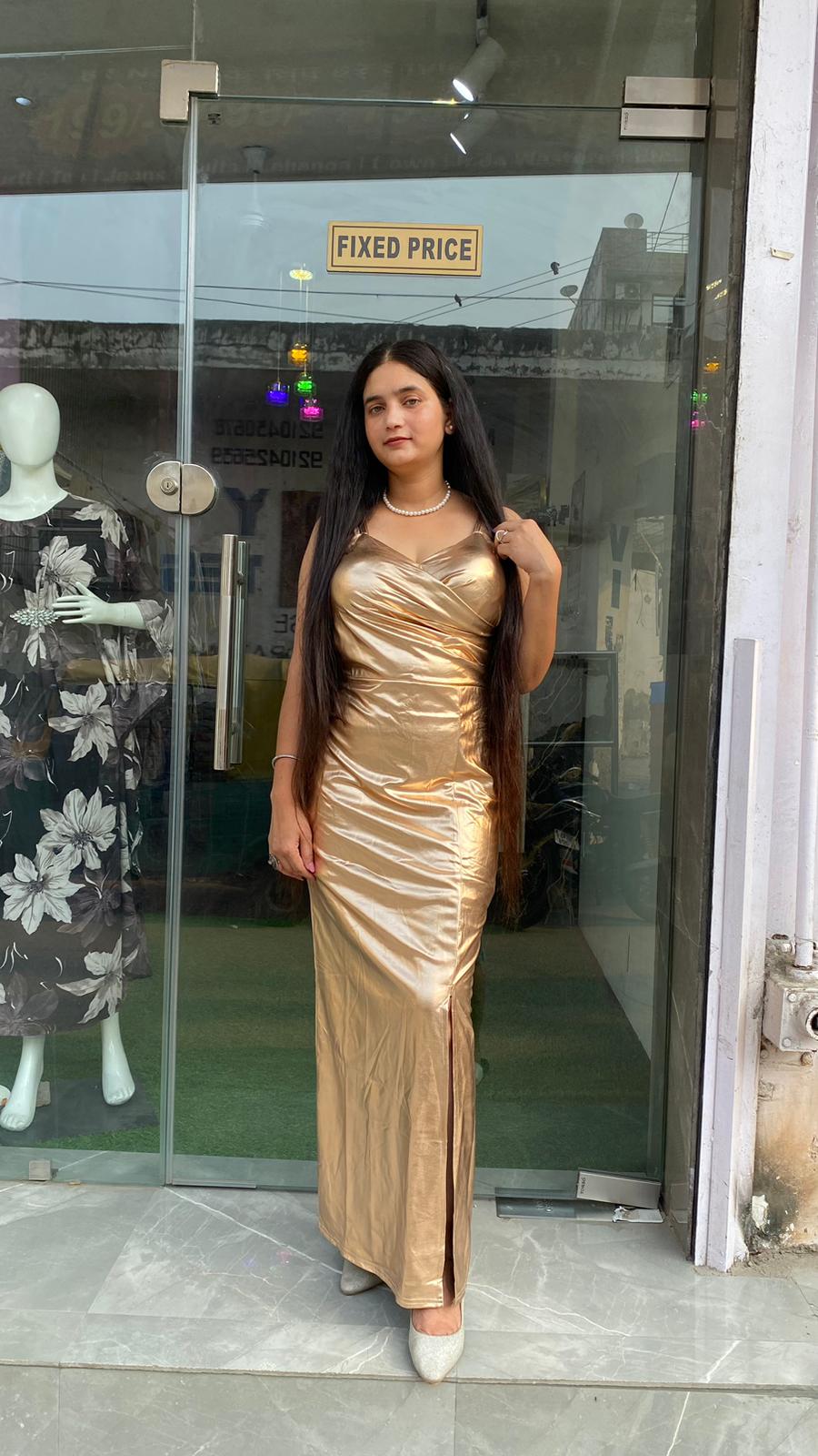 Glamorous shine GOLDEN Bodycon Gown with Front Slit