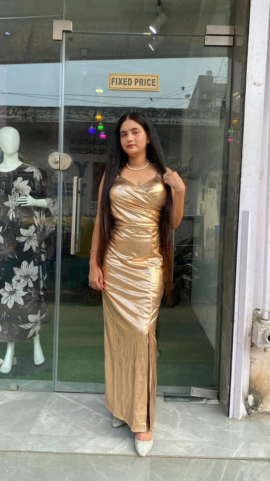 Glamorous shine GOLDEN Bodycon Gown with Front Slit