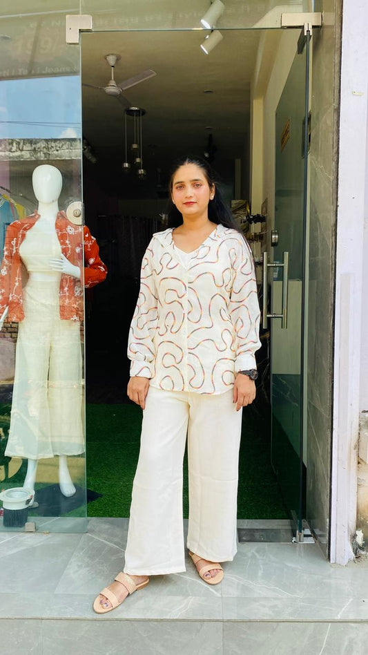Chic Off-White Embroidered Shirt-Style Co-ord Set with Multi-Color Thread Work