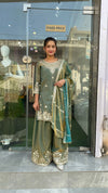 Exquisite Sage Green Sharara Suit with Heavy Silver Zari Embroidery